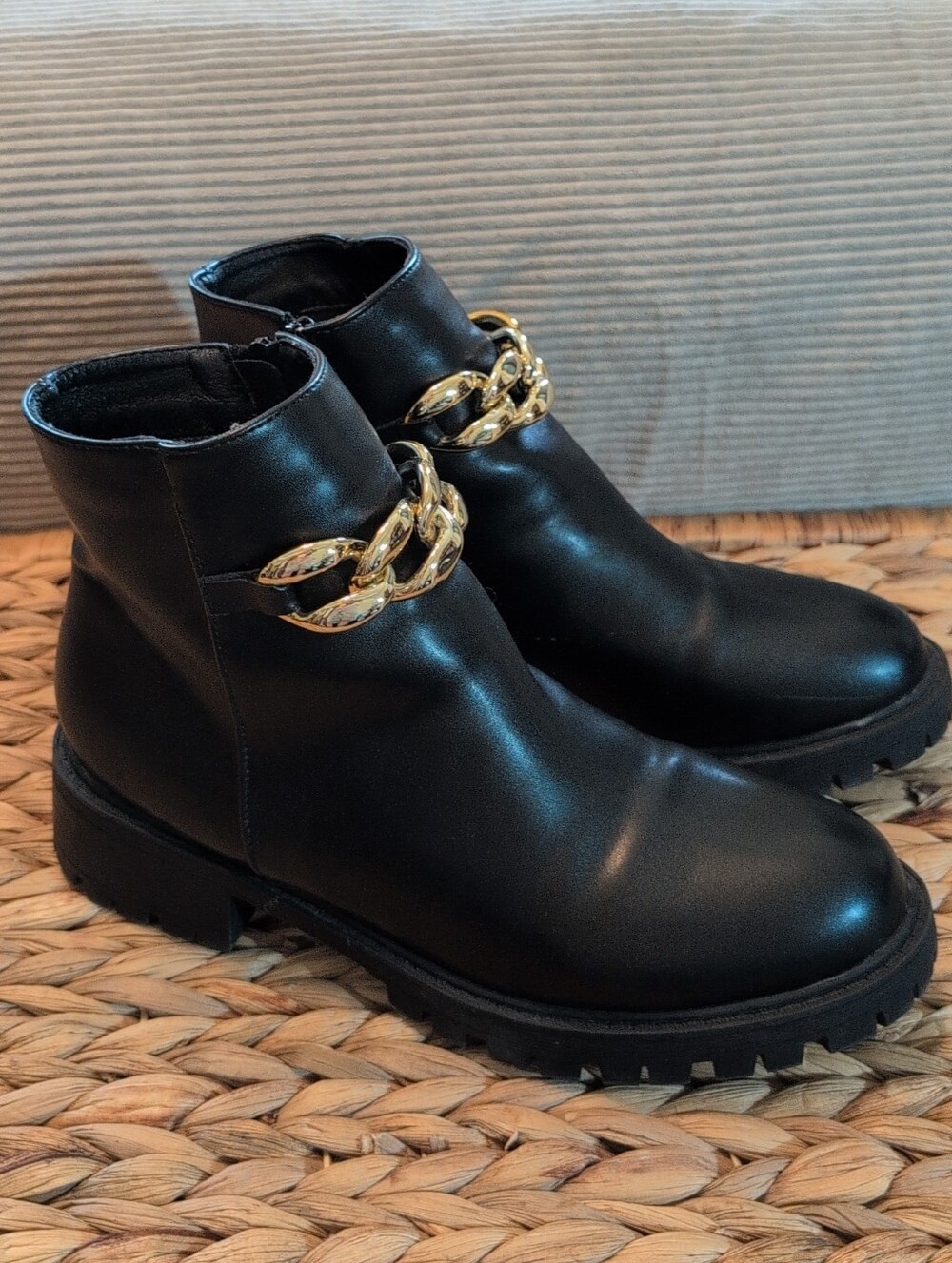 Black Ankle Booties with Gold Chain Accent